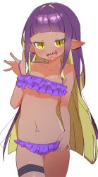 belly_button_piercing bikini cat_eyes character_request dark-skinned_female dark_skin elf_ears navel_piercing purple_bikini purple_hair sharp_teeth skindentation snake_tongue thick_thighs thigh_strap thighs two_tone_hair underboob uruti_2388 yellow_eyes