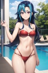 ai_generated bikini blue_hair breasts kamishiro_rio long_hair looking_at_viewer lowres medium_breasts navel red_eyes rio_kamishiro smile solo takkun17 yu-gi-oh! yu-gi-oh!_zexal