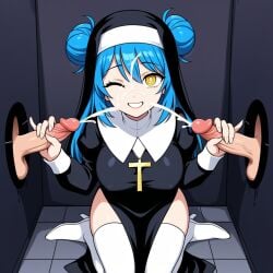 1girls 2boys ai_generated blue_frog blue_hair clothed_female cum cum_on_face cumshot cumshot_on_face glory_hole hair_buns handjob kneeling long_hair nun nun&#039;s_habit nun_outfit one_eye_closed original_character ringed_eyes smiling yellow_eyes