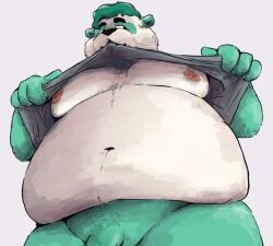 bear belly bite_shirt cheeky_smile chests cropped fat flashing fupa gay genitals giant_panda hi_res humanoid invalid_tag male mamayong_(artist) mammal moobs nipples non-human overweight penis slightly_chubby solo yong_(mamayong)