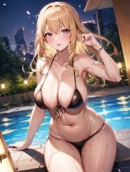 bangs bare_shoulders bikini black_bikini blonde_hair blush bracelet breasts building cherry_blossoms city city_lights cityscape cleavage collarbone female fountain front-tie_bikini front-tie_top halterneck jewelry large_breasts long_hair moon mountainous_horizon navel night night_sky open_mouth outdoors petals petals_on_liquid pool pool_ladder poolside purple_eyes sitting sky skyline smile soaking_feet solo star_(sky) starry_sky swimsuit thighs tile_floor tiles water wet