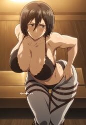 ai_generated arisato_yu attack_on_titan belly_button bending_forward bending_over bent_over big_breasts black_hair blush bob_cut bra huge_breasts leaning_forward looking_away mikasa_ackerman muscular_arms pants pants_down shingeki_no_kyojin short_hair slim teenager thick thick_legs thick_thighs undressing wide_hips