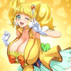 1girls big_boobs big_breasts big_tits blonde_hair boobs breasts breasts_bigger_than_head cure_sparkle female happy healin'_good_precure hiramitsu_hinata magaki_ryouta magical_girl only_female precure pretty_cure solo tits yellow_background yellow_theme