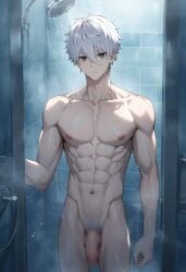 1boy ai_generated blue_lock goldenmap looking_at_viewer male mosaic_censoring muscular_male nagi_seishiro nipples shower solo solo_male tagme white_hair yaoi