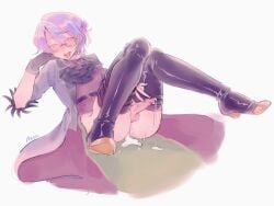 1boy 2d 2d_(artwork) after_orgasm after_sex androgynous artist_name artist_request blush blushing_at_viewer boots coat cum cum_drip cum_in_ass femboy glasses gloves high_heels kamishiro_rui leather_boots male male_only no_pants no_underwear penis project_sekai sitting smiling smiling_at_viewer solo solo_male sweat sweating tagme_(artist) tied_hair tongue_out