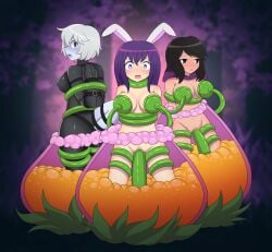 3girls black_hair blush bound_arms censored latex latex_suit lazzysin milking_tentacles multiple_girls plant purple_hair tagme tentacle tentacle_in_pussy tentacle_penetration tentacle_sucking_breasts