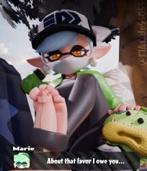 3d agent_2_(splatoon) dialogue elasado55055 feet female female_focus foot_fetish footjob hat inkling inkling_girl marie_(splatoon) marie_(wo262) mask outdoors pov splatoon stirrups talking_to_viewer white_hair yellow_eyes