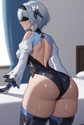 ai_generated ass ass_focus backless_outfit bedroom bent_over black_legwear black_leotard black_thighhighs blindfold breasts eula_(genshin_impact) eula_(genshin_impact)_(cosplay) fat_ass genshin_impact gloves happy_female huge_ass indoors looking_at_viewer nier:_automata shiny_skin shorts sweat thick_thighs thigh_boots thigh_strap thighhighs tight_clothing yorha_2b