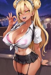 agent_(girls&#039;_frontline) ai_generated alternate_hair_color asanagi_(style) bangs black_legwear black_skirt blonde_hair blowjob_gesture blush bra breasts cleavage collarbone double_bun earrings eyebrows_visible_through_hair female fingernails garter_straps girls&#039;_frontline gyaru hair_between_eyes jewelry long_fingernails long_hair looking_at_viewer microskirt miniskirt nail_polish navel night open_mouth outdoors pink_bra pink_nails pleated_skirt see-through self_upload shirt short_sleeves sidelocks skirt sky smile solo tan tanline teeth thighhighs thighs tied_shirt tongue tongue_out underwear yellow_eyes