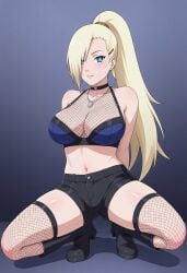 ai_generated big_breasts blonde_hair blue_eyes boots civitai fishnets hair_over_one_eye ino_yamanaka kneeling large_breasts long_hair naruto naruto_(series) naruto_shippuden necklace ponytail stockings