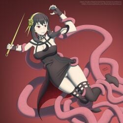 1girls black_hair cleavage large_breasts red_eyes spy_x_family tentacle tentacle_bondage tentacles_under_clothes the_tentacle_professor thetentacleprofessor yor_briar yor_forger