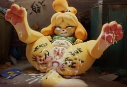 after_anal after_gangbang after_rape after_sex after_vaginal ai_generated alley alleyway body_writing cum cum_in_ass cum_in_pussy cum_on_paw cumflated_belly cumflation furry isabelle_(animal_crossing) pawpads paws yellow_fur