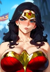 1girls ai_generated bangs bare_shoulders black_hair blue_eyes blue_sky blurry blush breasts circlet clavicle cleavage closed_mouth clothing crown curvaceous curvaceous_female curvaceous_figure curvy curvy_figure day dc_comics diana_prince female female female_focus female_only floxin headwear large_breasts lips lipstick long_hair looking_at_viewer looking_away looking_to_the_side makeup outdoors shiny skindentation sky solo star_(symbol) strapless superhero superheroine tiara upper_body voluptuous voluptuous_female wonder_woman wonder_woman_(series)