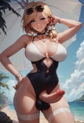 ai_generated azur_lane civitai erect_penis erection futanari futanari hard_cock hood_(azur_lane) looking_at_viewer parasol penis_cutout sexy_pose smile standing