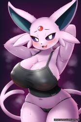 anthro belly belly_button big_breasts blush bra breasts cleavage clothed clothing creatures_(company) eeveelution espeon faruchan_art game_freak hips nintendo panties pokémon_(species) pokemon pokemon pokemon_(species) pokemon_gsc tail underwear wide_hips