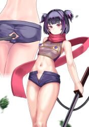 anal_tail anus_cutout ass blunt_bangs bob_cut bra butt_plug contrapposto cupless_bra fake_tail female highres holding holding_sword holding_weapon looking_at_viewer medium_hair menmon navel nipple_cutout nipple_piercing original piercing pubic_hair pubic_hair_peek purple_hair purple_shorts red_scarf revealing_clothes scarf sex_toy short_twintails shorts solo standing sword tail twintails underwear weapon white_background