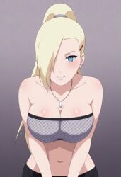 ai_generated big_breasts blonde_hair blue_eyes civitai hair_over_one_eye ino_yamanaka large_breasts long_hair naruto naruto_(series) naruto_shippuden ponytail pressing_breasts_together tube_top tubetop