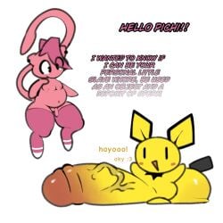 2024 alexdraws animal_humanoid anthro balls big_balls big_penis clothing dialogue duo ear_piercing english_text femboy fur gay generation_1_pokemon generation_2_pokemon genitals hair hi_res huge_balls huge_cock humanoid hyper_balls hyper_penis legendary_pokemon legwear looking_at_another male male/male mammal mammal_humanoid mew_(pokemon) micropenis nintendo penis pichi_(alexdraws) pichu piercing pink_body pink_hair pink_stockings pokemon pokemon_(species) rodent rodent_humanoid simple_background small_penis smile stockings tail text vein veiny_penis yellow_body yellow_fur