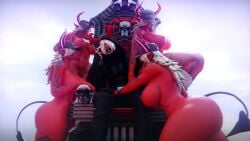 3d 4girls aura badass bangs dawkingz demon demon_girl desdemona_(fortnite) fortnite hair_over_eyes harem king master multiple_girls red_skin sigma_male throne white_hair