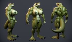 3_toes 3d_(artwork) absurd_res anthro big_muscles claws digital_media_(artwork) dinosaur feet female hi_res huge_muscles hyper hyper_muscles kruk muscular muscular_female nude pamela_rex_(zp92) prehistoric_species reptile scalie solo toes