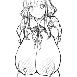 1girls big_boobs big_breasts big_tits black_and_white boobs breasts breasts_bigger_than_head female gakkou_gurashi! greyscale heavy_breasts magaki_ryouta monochrome nipples only_female sakura_megumi shiny showing_breasts sketch smile tits