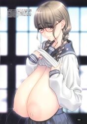 1girls 2017 big_boobs big_breasts big_tits boobs breasts female glasses japanese_text magaki_ryouta milk nipples only_female original showing_breasts student text tits