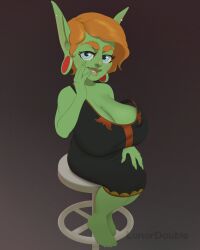 1girls barefoot breasts dress female goblin goblin_female green_skin looking_at_viewer lunardouble nude pubic_hair pussy red_hair short_hair shortstack sitting smile stool top_heavy