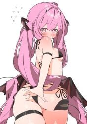 ass bikini black_bikini demon_horns demon_tail demon_wings hatsune_miku head_wings hip_wings horns pink_hair shy succubus thick_thighs thighs uruti_2388 vocaloid