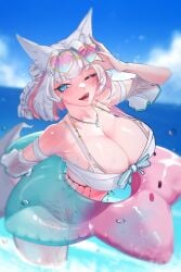 ;d artist_request breasts cleavage cleavage_overflow collarbone floatie fox_ears fox_girl large_breasts meridian_project mizuki_(vtuber) necklace sea sky sunglasses sunglasses_on_head swimsuit swimwear water white_hair winking_at_viewer