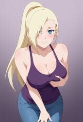 1girls ai_generated arms_on_breasts big_breasts blonde_hair blue_eyes civitai female female_only grabbing_own_breast hair_over_one_eye human ino_yamanaka jeans large_breasts long_hair naruto naruto_(series) naruto_shippuden ponytail solo tank_top tanktop