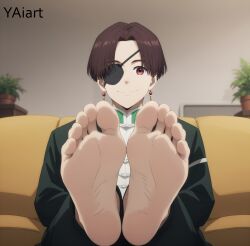 ai_generated brown_hair foot_fetish foot_focus hayato_suo looking_at_viewer male_only wind_breaker yaiart