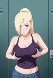 1girls ai_generated arms_on_breasts big_breasts blonde_hair blue_eyes civitai female female_only grabbing_own_breast hair_over_one_eye human ino_yamanaka jeans large_breasts long_hair naruto naruto_(series) naruto_shippuden ponytail solo tank_top tanktop