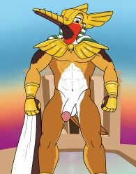 aaron_amethyst absurd_res amenhotep_iv_(aaron_amethyst) anthro apodiform avian balls bird gauntlets_(weapon) genitals grey_eyes headdress hi_res hummingbird male muscular muscular_male navel nude outside penis rufous_hummingbird solo standing sunset trochilinae water