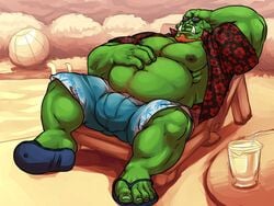 bara beard belly big_feet body_hair bulge chub clothing daddy feet gay grisser gut hairy male male_only muscle_gut muscles orc pool red_hair sandals shorts solo solo_male summer tusks