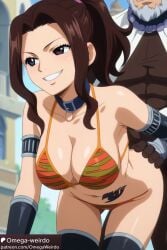 ai_generated bikini brown_hair cana_alberona collar dark_eyes doggy_style evil_grin fairy_tail omega-weirdo patreon ponytail smile thighhighs