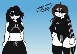 2girls black_hair brown_hair frosty_touch glasses multiple_girls sfw stomach_exposed tbh_creature wboybuckwheat_(artist) youtube youtuber