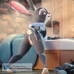3d_(artwork) anthro ass breasts clothing digital_media_(artwork) disney female flat_chested fur genitals grey_body hi_res judy_hopps lagomorph leporid mammal nude presenting presenting_hindquarters pussy rabbit rabbitholes size_difference small_breasts smaller_female smile solo tail white_body zootopia