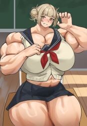 1girls abs adorable alternate_body_type big_breasts blonde_female blonde_hair blonde_hair_female blue_clothes blue_clothing blue_skirt breasts buff chair clothed clothed_female clothes clothing cute female female_focus female_only looking_at_viewer muscles musctonk muscular muscular_female my_hero_academia school school_girl school_uniform schoolgirl schoolgirl_uniform short_hair sitting skirt smiling solo solo_female strong toga_himiko white_clothes white_clothing yellow_hair