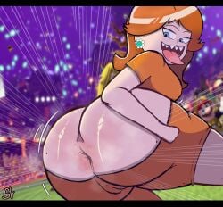 anus ass ass_focus asshole blue_eyes mario_(series) princess_daisy pulling_down_pants sharp_teeth shorts soccer ssleviathann super_mario_strikers tongue_out