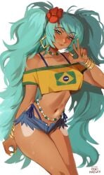 1girls absurd_res brazil brazilian brazilian_female brazilian_flag brazilian_miku clothed clothing earrings female female_only flower_in_hair green_eyes green_hair hatsune_miku latin_american_hatsune_miku_(meme) long_hair looking_at_viewer maewix1 meme narrowed_eyes smiling smiling_at_viewer solo tan_body tan_skin twintails v_sign vocaloid white_background