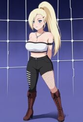 ai_generated big_breasts black_pants blonde_hair blue_eyes civitai fishnets hair_over_one_eye ino_yamanaka large_breasts long_hair naruto naruto_(series) naruto_shippuden ponytail stockings tube_top tubetop