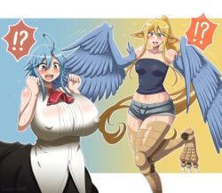 !? 2girls ahoge animal_ears ascot bare_shoulders bird_legs black_skirt blonde_hair blue_background blue_eyes blue_feathers blue_hair blue_wings blush body_switch breasts centaur centorea_shianus collarbone collared_shirt commentary_request covered_erect_nipples cowboy_shot feathered_wings feathers flying_sweatdrops gradient_background grey_shorts groin hair_between_eyes hands_up harpy head_swap highres horse_ears huge_breasts kuro-bee long_hair long_skirt midriff monster_girl monster_musume_no_iru_nichijou multiple_girls navel open_mouth papi_(monster_musume) personality_switch pointy_ears ponytail red_ascot shirt short_hair short_shorts shorts sidelocks skirt sleeveless sleeveless_shirt small_breasts spoken_interrobang standing strapless strapless_shirt sweat talons taur teeth two-tone_background upper_teeth_only very_long_hair white_shirt winged_arms wings yellow_background yellow_eyes