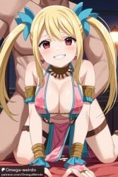 ai_generated blonde_hair dancer_outfit doggy_style fairy_tail lucy_heartfilia patreon red_eyes ribbons smile