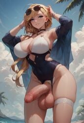 ai_generated azur_lane beach civitai from_below futanari futanari hood_(azur_lane) looking_at_viewer penis_cutout smile standing swimsuit taker_pov