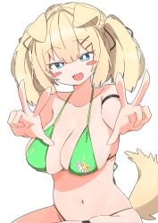 big_breasts blonde_hair blush breasts breasts character_request dog_ears dog_tail fangs green_bikini oerba_yun_fang peace_sign skindentation thick_thighs thigh_strap thighs uruti_2388