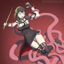 1girls black_hair cleavage large_breasts red_eyes spy_x_family tentacle tentacle_bondage tentacles_under_clothes thetentacleprofessor vaginal_penetration yor_briar yor_forger