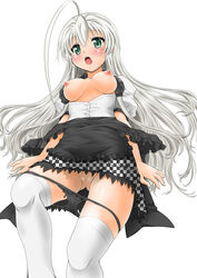 ahoge blush haiyore!_nyaruko-san highres nyarlathotep_(nyaruko-san) open_clothes open_mouth open_shirt panties_around_leg pixiv_manga_sample pointy_chin pussy resized solo sweat thighhighs uncensored white_hair yoshitani-g yoshitani_motoka