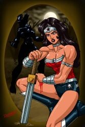 black_hair blood boots collar dc_comics doomington furry kneeling moon_trigger muscle_girl night pre-transformation sword transformation weapon werewolf wonder_woman