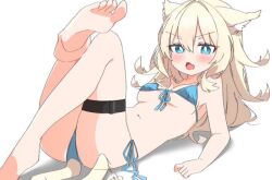 ass ass belly belly_button bikini blonde_hair blue_bikini blue_eyes character_request feet navel on_back thigh_strap underboob uruti_2388