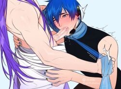 2boys bare_shoulders biceps black_shirt blue_hair blue_scarf blush commentary drooling emphasis_lines fellatio gakupo_kamui gay hair_between_eyes hand_on_another&#039;s_back hand_on_another&#039;s_hip head_out_of_frame headset instagram_username kaito_(vocaloid) kamui_gakupo kneeling long_hair long_scarf looking_at_another male male_focus male_with_painted_nails motion_lines mouth_drool multiple_boys nail_polish oral penis purple_hair riffraffhellyea robe saliva saliva_trail scarf shirt simple_background sleeveless sleeveless_shirt strangling topless_male trembling twitter_username veins veiny_penis vocaloid white_background white_robe yaoi